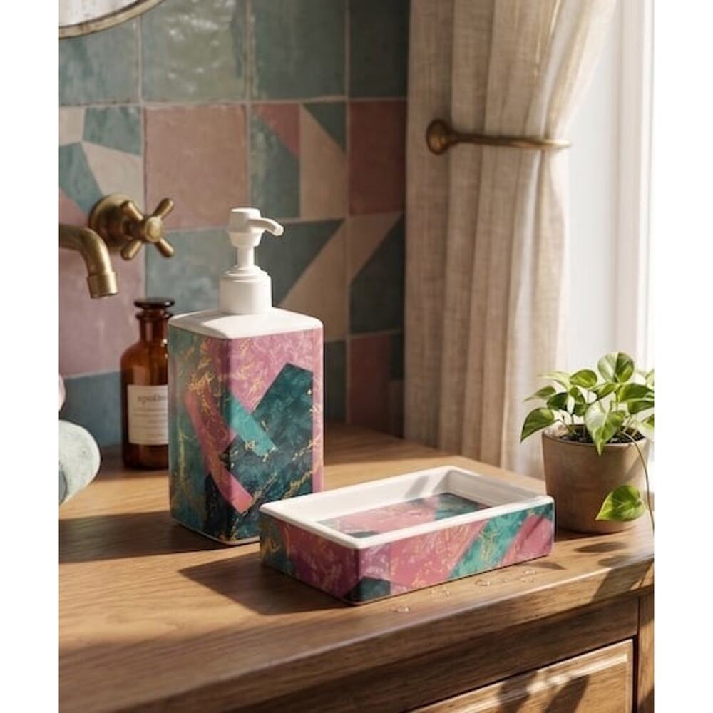 Vintage Springmaid Bathroom Set, 80s Soap Dispenser & Dish, Retro Geometric Teal